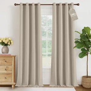 NICETOWN Farmhouse Style 100% Blackout Natural Faux Linen Curtains 90 inches Length for Living Room, 2 Panels, 52" W, Room Cooling Thermal Insulated Window Draperies for Dining Room