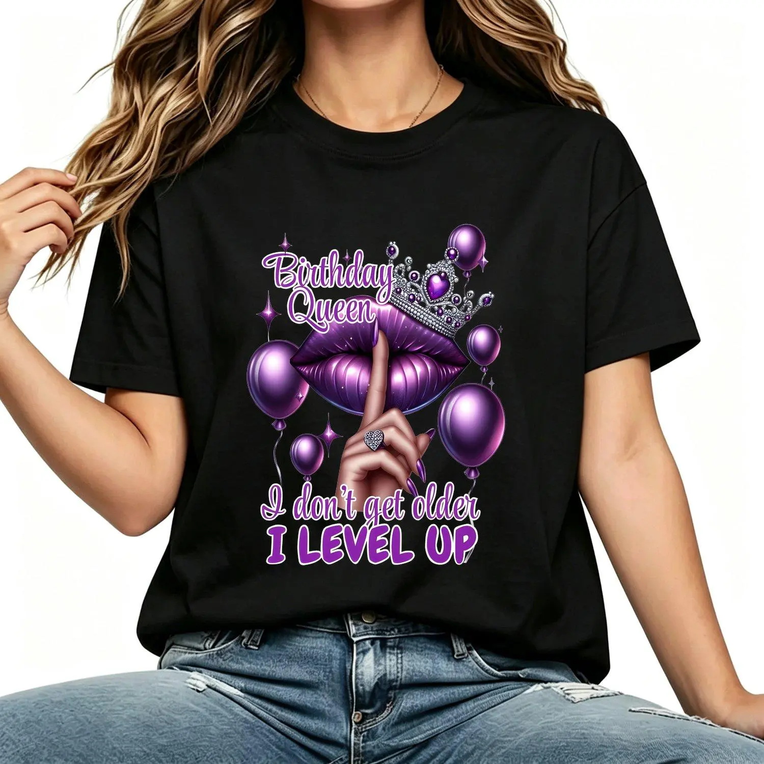 Women's Birthday Queen Graphic T-Shirt - Short-Sleeve, Round-Neck, Slim-Fit, Breathable Fabric Casual Tee with Lips & Crown Design, "I Don't Get Older I Level Up" Print, Versatile for Spring & Summer