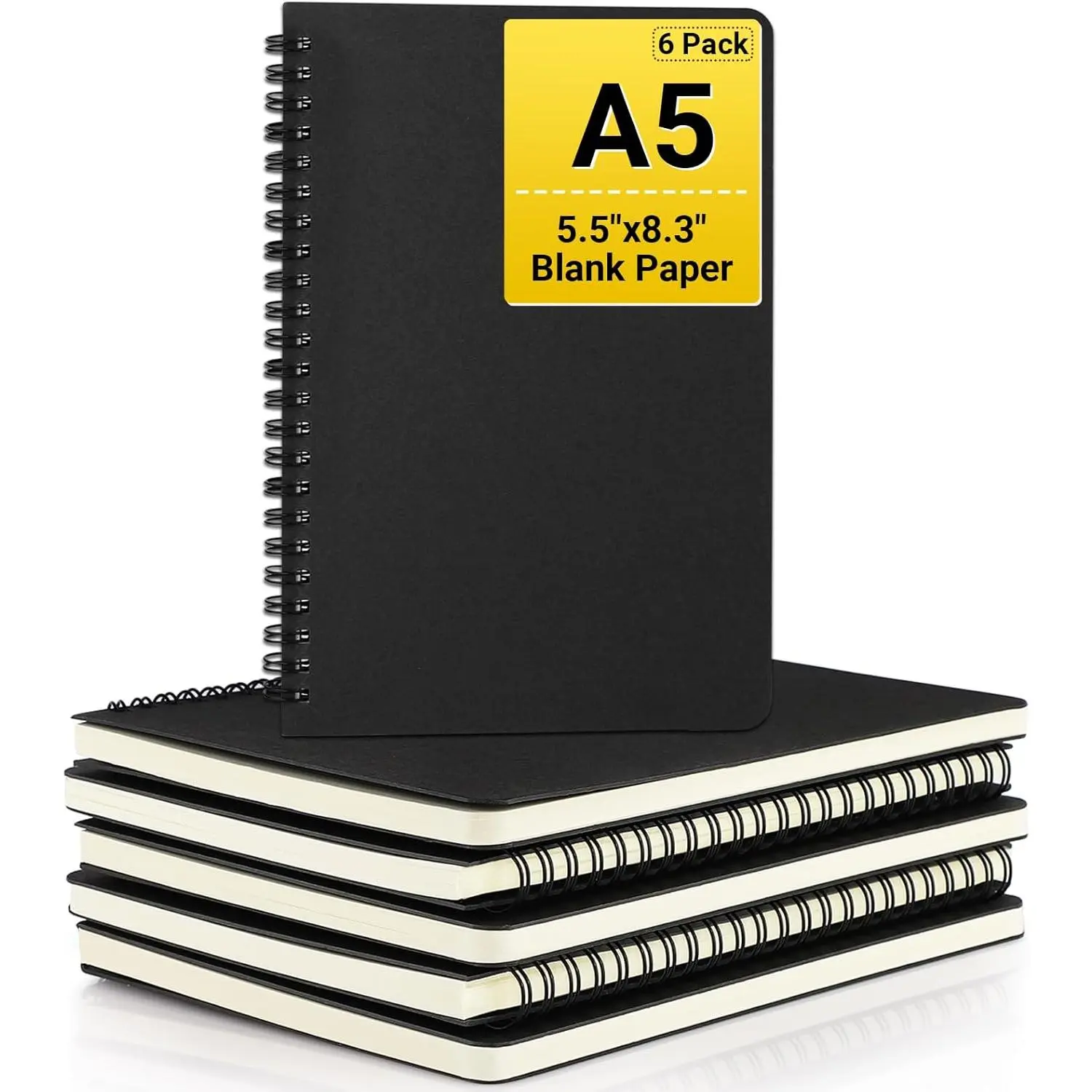 Hardcover Spiral Notebook Unlined, A5 6 packs 5.5"x8.3" Blank Travel Writing Notebooks Journal, Notepad Sketchbook, College Office Business Subject Diary Spiral Journal-Black Cover