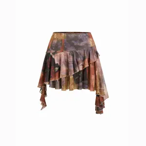 Cider Mesh Floral Asymmetrical Hem Ruffled Layered Mini Skirt