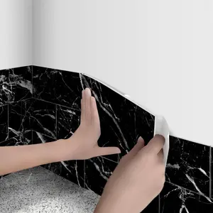 16/32 Pieces Black Marble Tile PVC Composite Wall Tile Sticker Peel Stick Backsplash on Backsplash Thickened Foam Tile for Kitchen Bathroom, Laundry Room, Fireplace Removable Decals 4 Inch x 8 Inch, Marble Tile Stickers