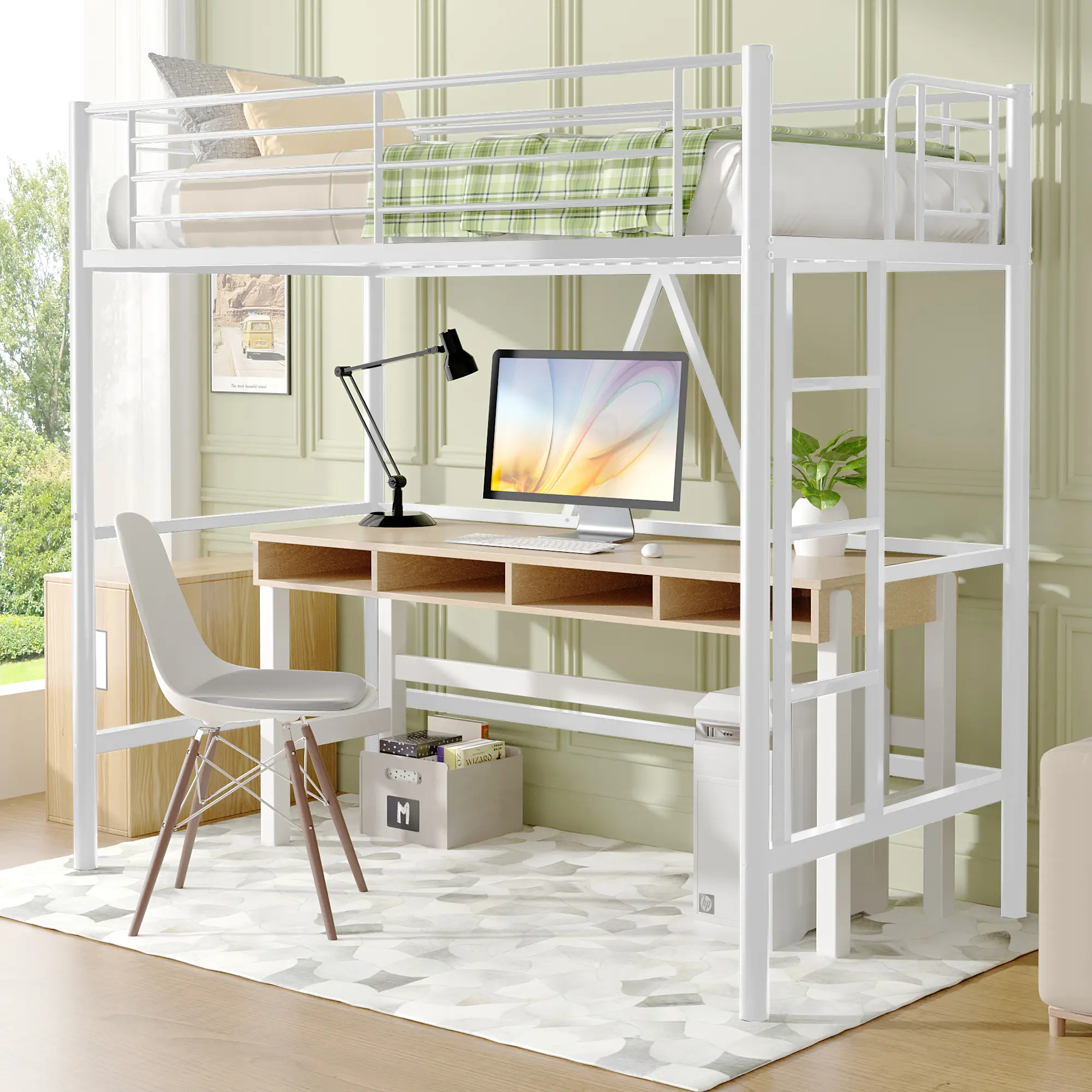 VECELO Metal Loft Bed Bunk Bed, Metal Loft Single Bed with Built-in Ladder, Space Saving Bed Frame with Safety Guard, Heavy Duty Metal Slats, No Box Spring Required, Pink Black White