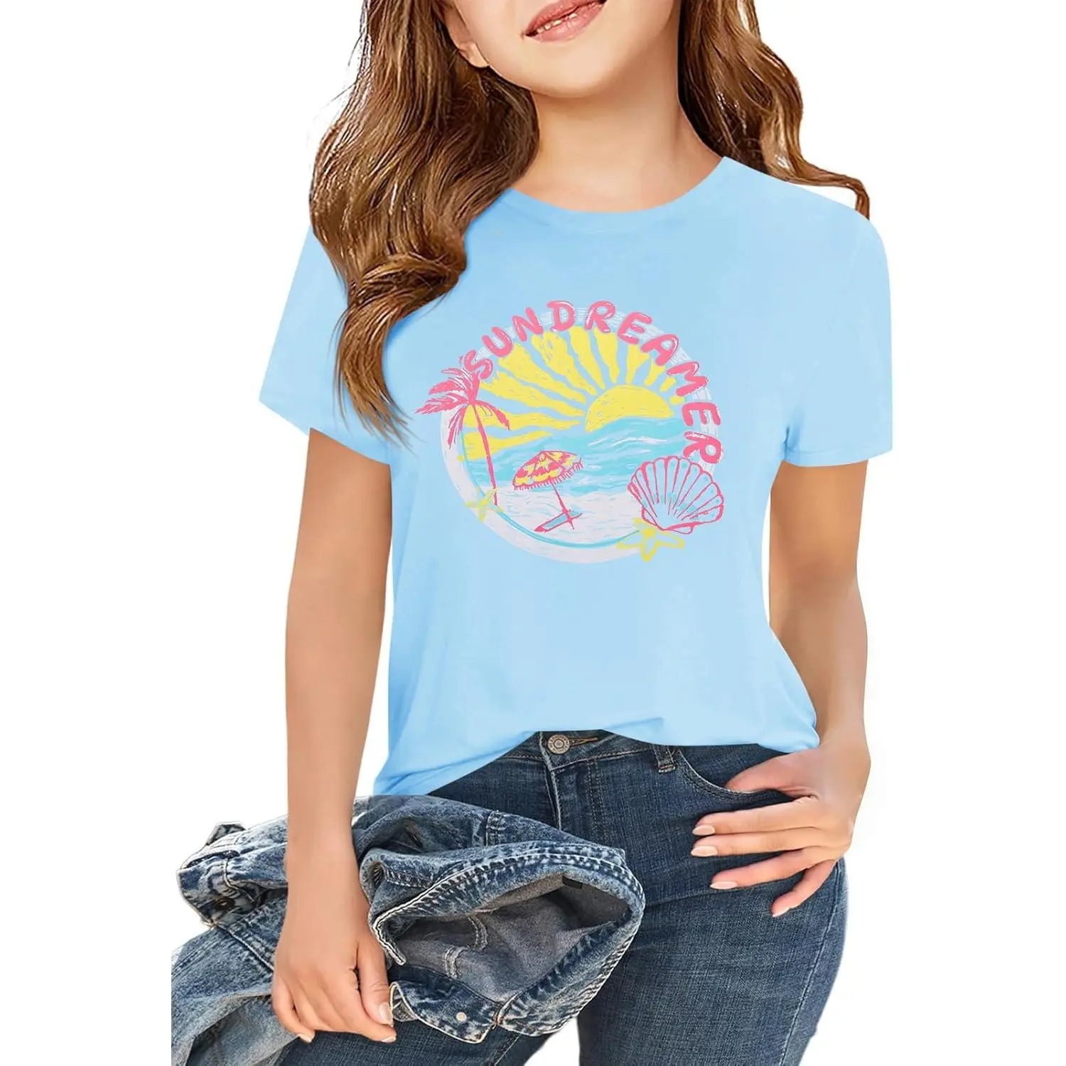 Haloumoning Girls Short Sleeve T-Shirts Kids Cute Graphic Basic Tees Fashion Summer Crewneck Tops 5-14 Years Crew Neck Tshirt