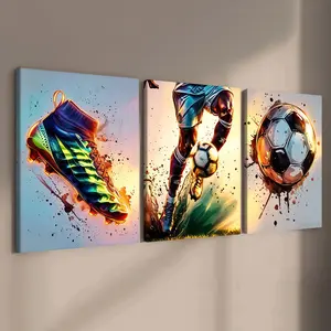 3-Piece Wood Frame Canvas Art, Neon Football Theme Triptych Poster, Modern Living Room Decor, Waterproof, Gift Idea for Bedroom Office, Modern Wall Decor