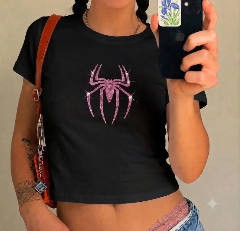 Rhinestone Spider Baby Tee, Women’s Sparkle Graphic Fitted Shirt, Glam Y2K Aesthetic, Shimmering Alternative Streetwear Top, Trendy Party Casual Fashion