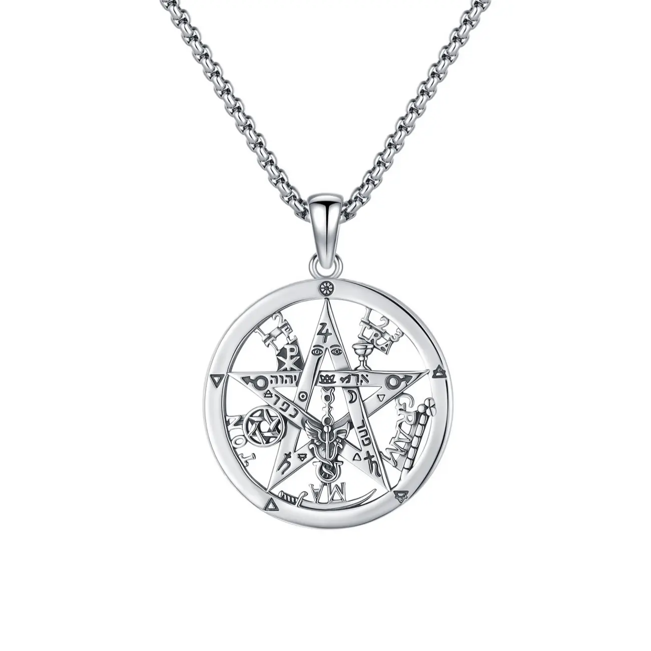 Sebina Silver Tetragrammaton Pentagram Pentacle Pendant Necklace-Keychain, Gothic Edge Adds Bold Personal Flair, Esoteric Gatherings & Daily Jewelry for Adults, Witchcraft Wiccan Pagan Amulet Gift 155