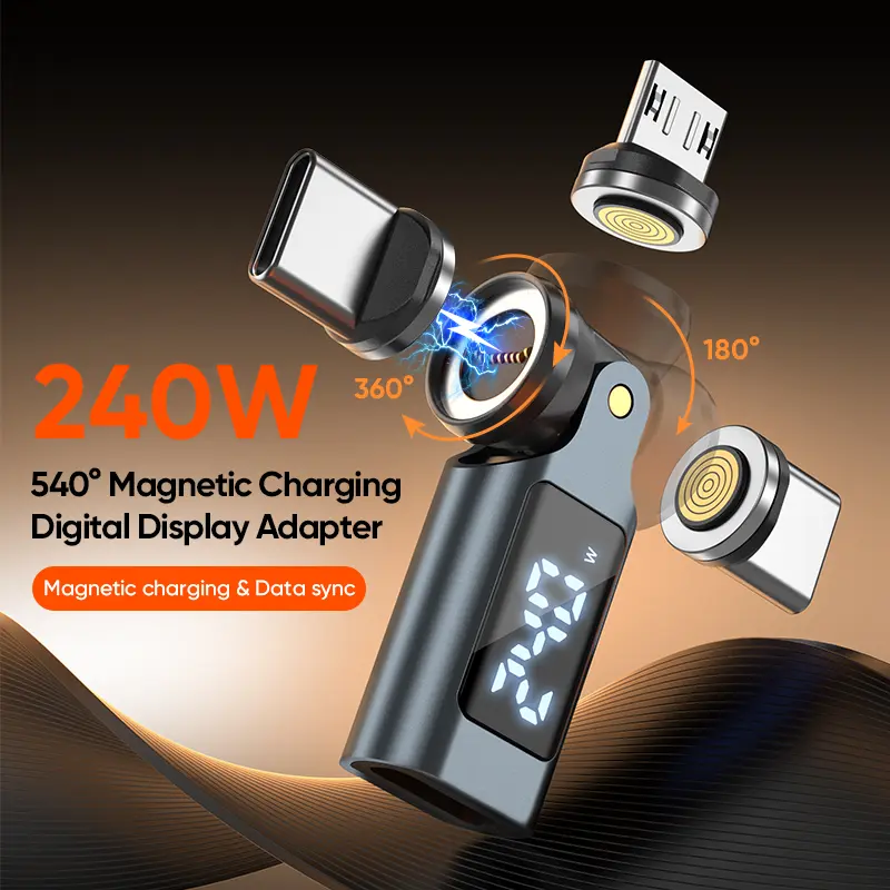 240W Max Magnetic USB C to USB C Adapter, 540° Rotating Type-C Fast Charging Converter with LED Digital Display, 180° Angled USB-C Adapter for Laptop, Phone, Tablet and Car