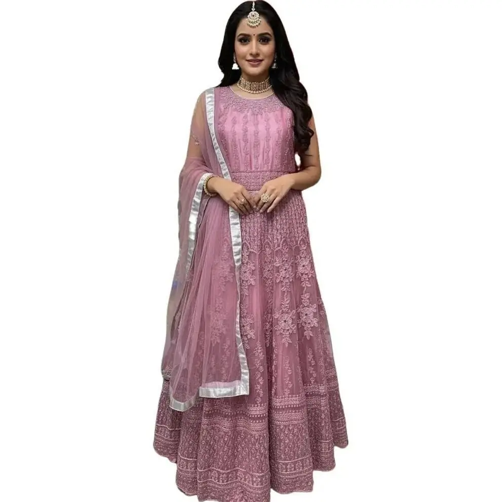 #Model-57 (size-34) 3-Piece Mauve Anarkali Set — Gown Kurti, Salwar & Dupatta