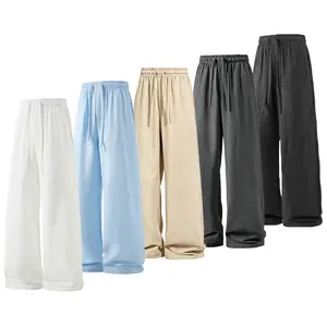 Unisex summer lightweight retro casual pants, loose fit with tie design—breathable yet structured, perfect for indoor gatherings and outdoor activities; minimalist design; 100% polyester fiber; cool and comfortable casual long pants.