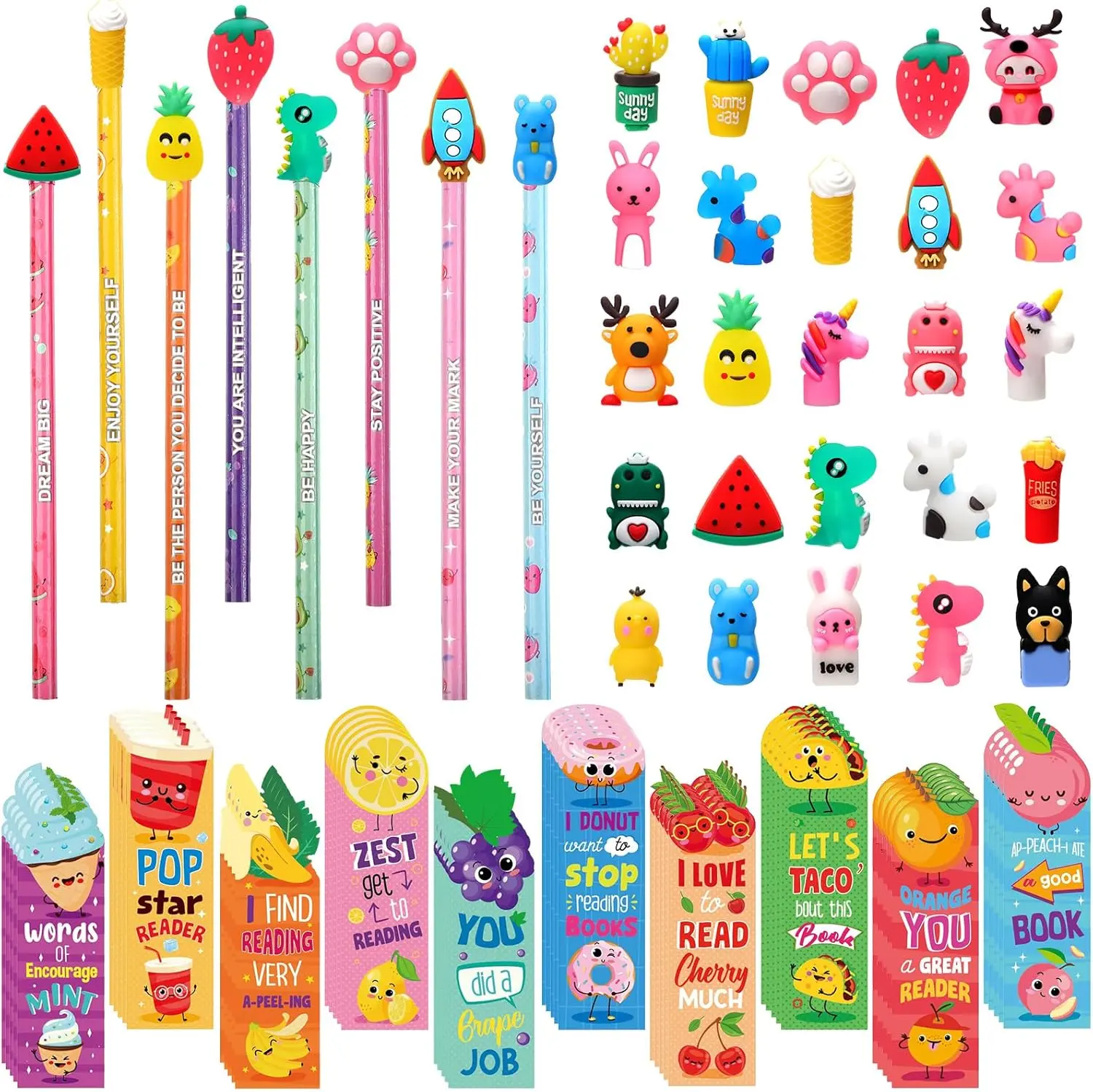 128pcs Pencils Gifts with 48 Scented Pencils 30 Cartoon Pencil Toppers 50 Cented Bookmarks Back to School Essentials Classroom Supplies  Fun Pencils Gift Fruit Food Theme Stationery Gift for Students