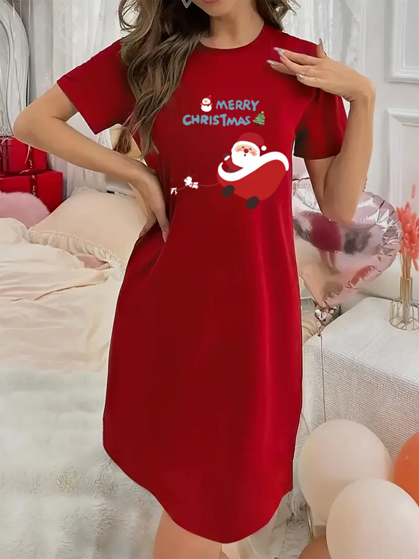 Soft and Slightly Stretchy Women's Nightgown Christmas Attire Santa Claus riding a sleigh Pattern Short-Sleeve Crew Neck Nightdress Sexy, Elegant, and Youthful Women's Christmas Dress Perfect for Halloween, Christmas, and New Year's Gifts