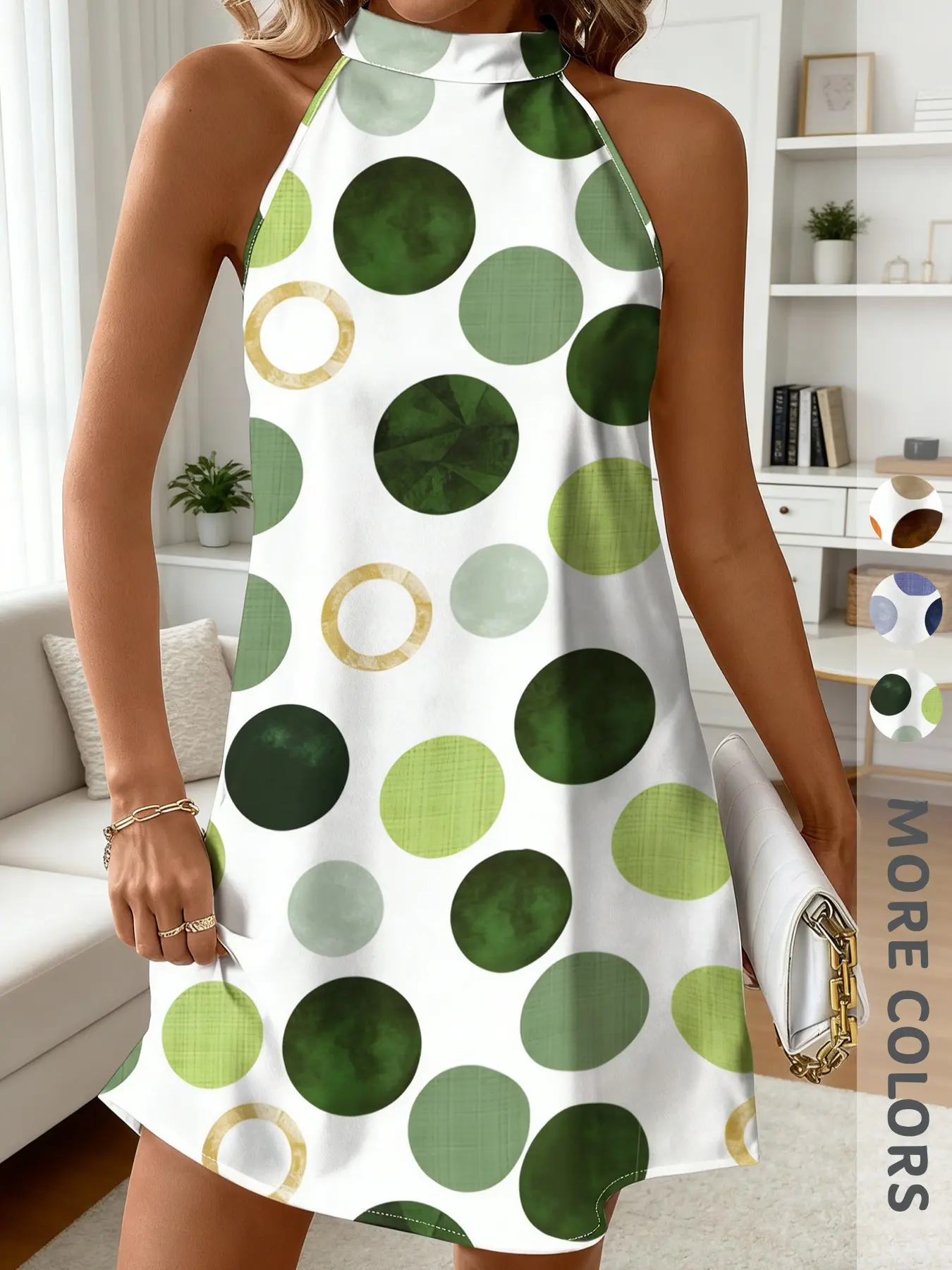 Women's New Summer Halter Backless Dress, Polka Dot Print, Sleeveless Knee-Length Loose A-Line, Holiday Style Summer Dress, Fashionable & Comfortable