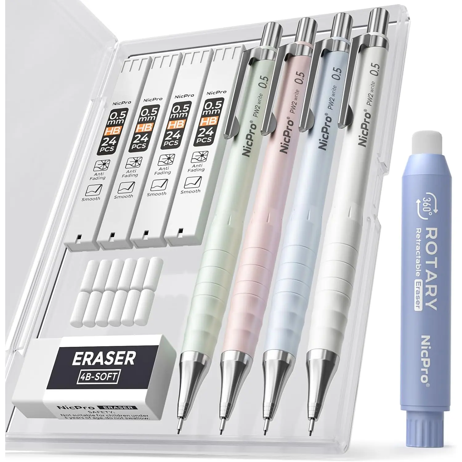 Nicpro Cute Mechanical Pencil Set, 4PCS 0.5mm Pastel Drafting Pencils with 4 Tube HB Lead Refills, 4B Erasers, Rotary Retractable Eraser and Eraser Refill for Writing Sketching Back to School Supplies