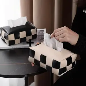 Square Leather Checkerboard Tissue Box, Creative Internet Trend Light Luxury Napkin Holder, Suitable For Table, Living Room, Desk, Car, Hotel, Bathroom Tissue Box Accessories