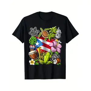 Puerto Rico Flag Graphic T Shirt Featuring Vibrant Cultural Symbols like Coqui Frog Maracas and Hibiscus Unisex Short Sleeve Crew Neck Casual Top Available in S to XXXL