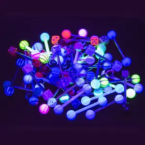 Tongue Nipple Piercing Barbells - 50pk 14ga UV Glow - 316L Surgical Steel and Bioflex