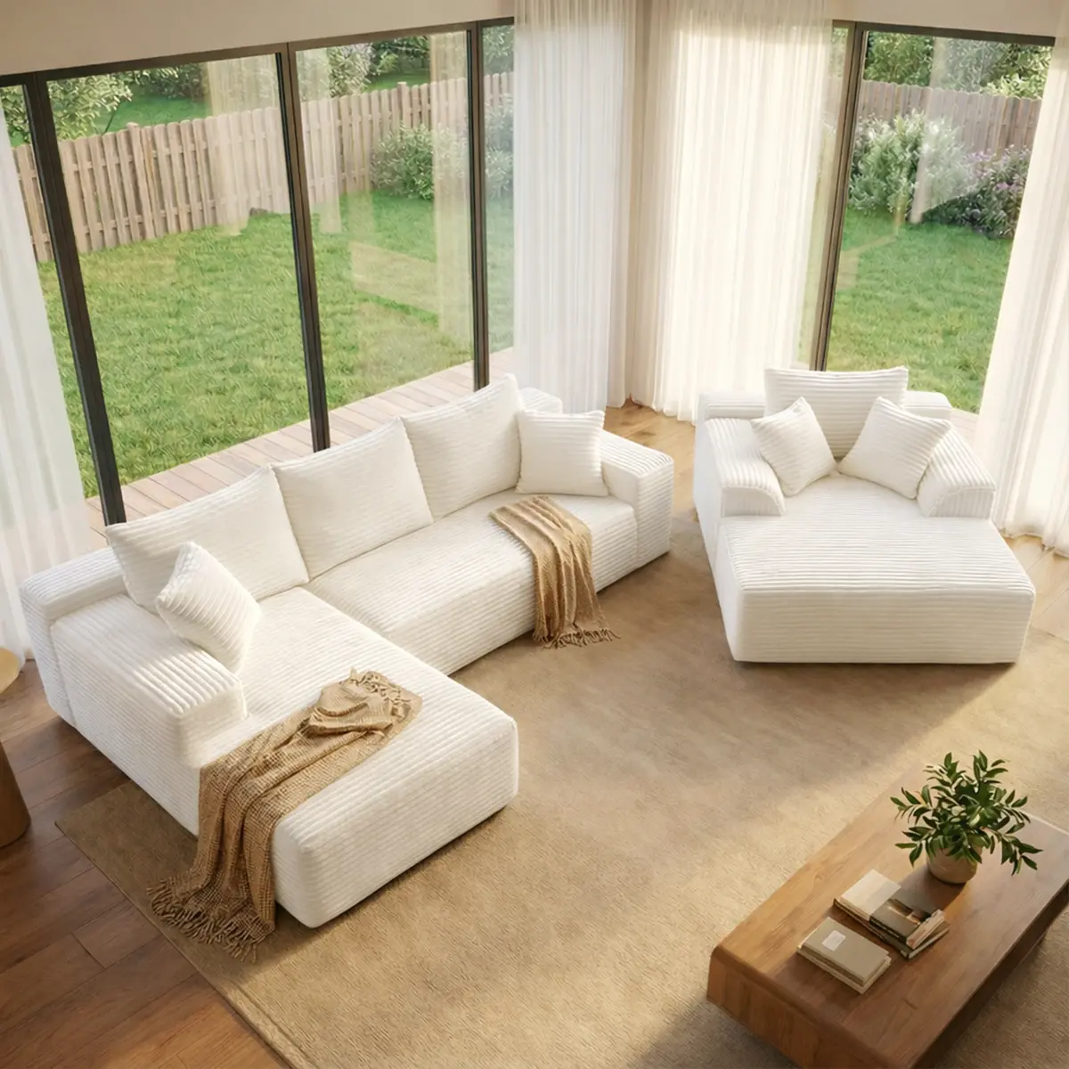 Modular Corduroy Cloud Sofa Set - L-Shaped & Single-Person Pieces, Soft Plush Fabric Modern Indoor Furniture, Fully Assembled Multi-Mode Living Room Cinema Sofa with Cushion