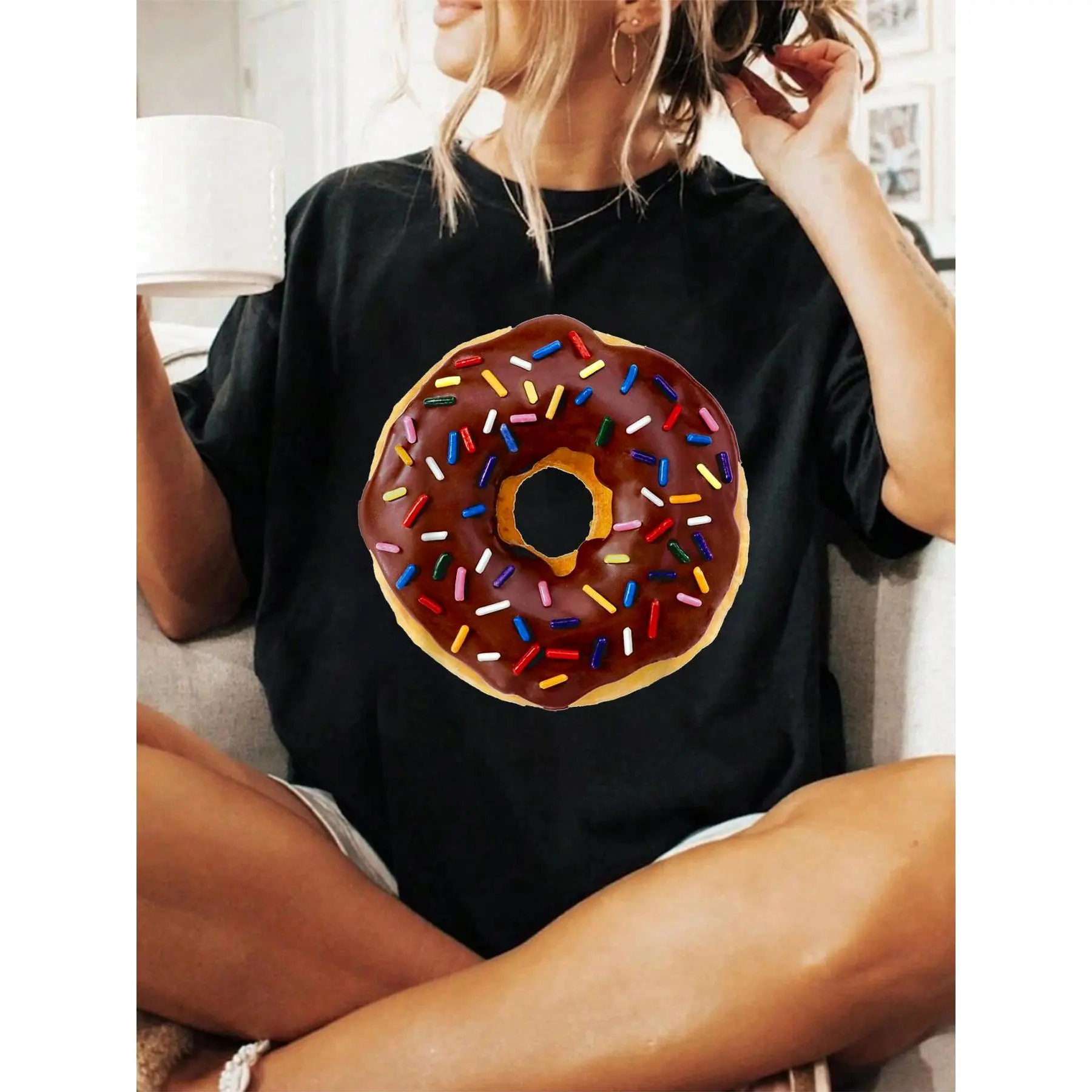 100% Cotton Halloween shirt Chocolate Donut with Sprinkles T-Shirt fall women clothes