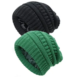 1 Pack / 2 Pack Satin Lined Beanie Hats for Women Men Winter Warm Knitted Cuffed Silk Lined Slouchy Skull Cap