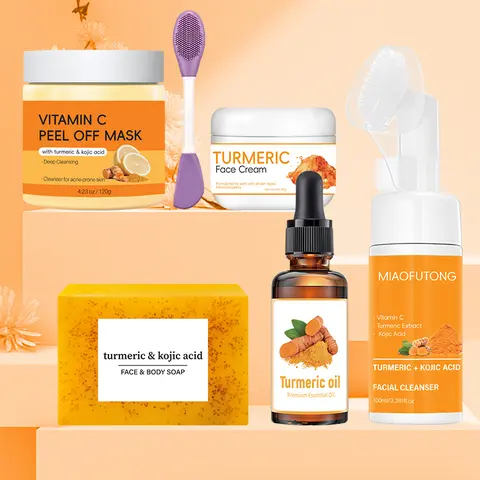 Turmeric Glow Set, 6-in-1 Skin Care Kits - Daily Personal Care for Women with Massage Cleansing Brush, Clay Mask, Mousse Cleanser, Soap, Cream, Oil for Full Cleanse + Mask