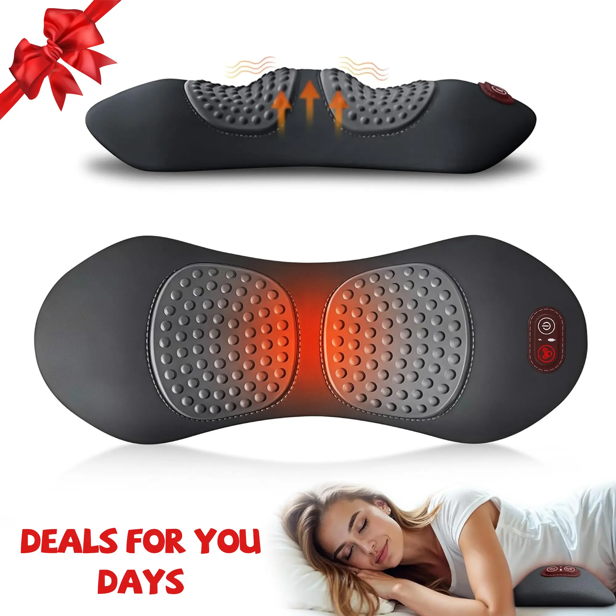 Rechargeable lumbar massager, electric lumbar support pillow, height adjustable, suitable for beds and chairs, with back massage and heating function (black)