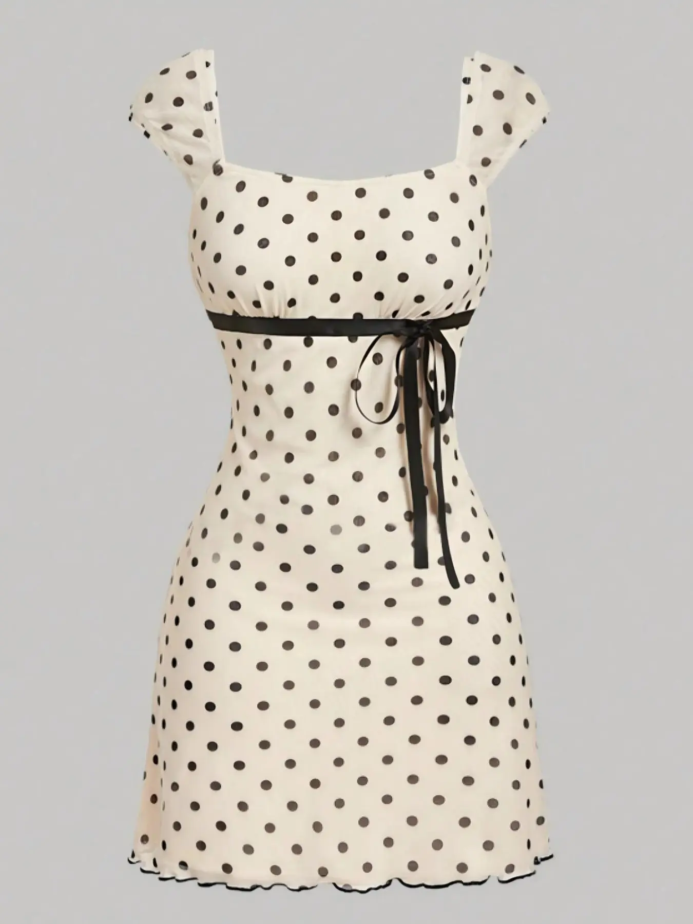 Women's Polka Dot Bow Tie Waist Slim Fit Short Dress, Casual Chic Fitted, Vintage Elegant Square Neck Butterfly Knot Design, Perfect for Daily Wear & Tea Parties Ll168 Casual Wear Womenswear, Casual Fashion Dress