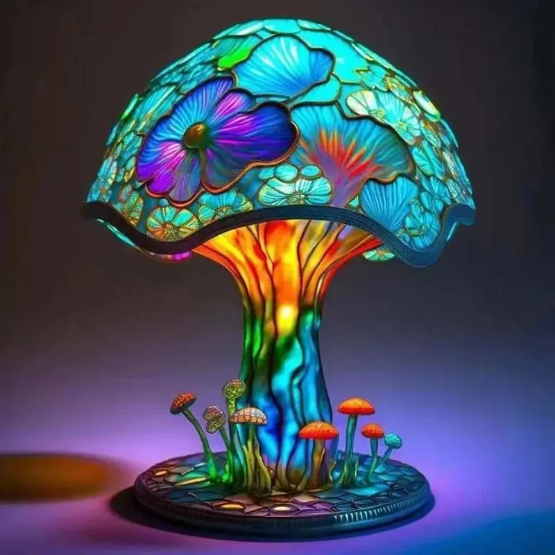 Vintage Stained Glass Mushroom Table Lamp Plant Series Snail Octopus Creative Colorful Bedroom Bedside Flower Retro Night Light