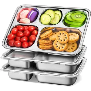 Stainless Snack Containers with Lids - 3 Pack - 5 Compartments Bento Snack Boxes - Large Reusable Meal Prep for Kids Adult - Divided Container for School,, Home Travel