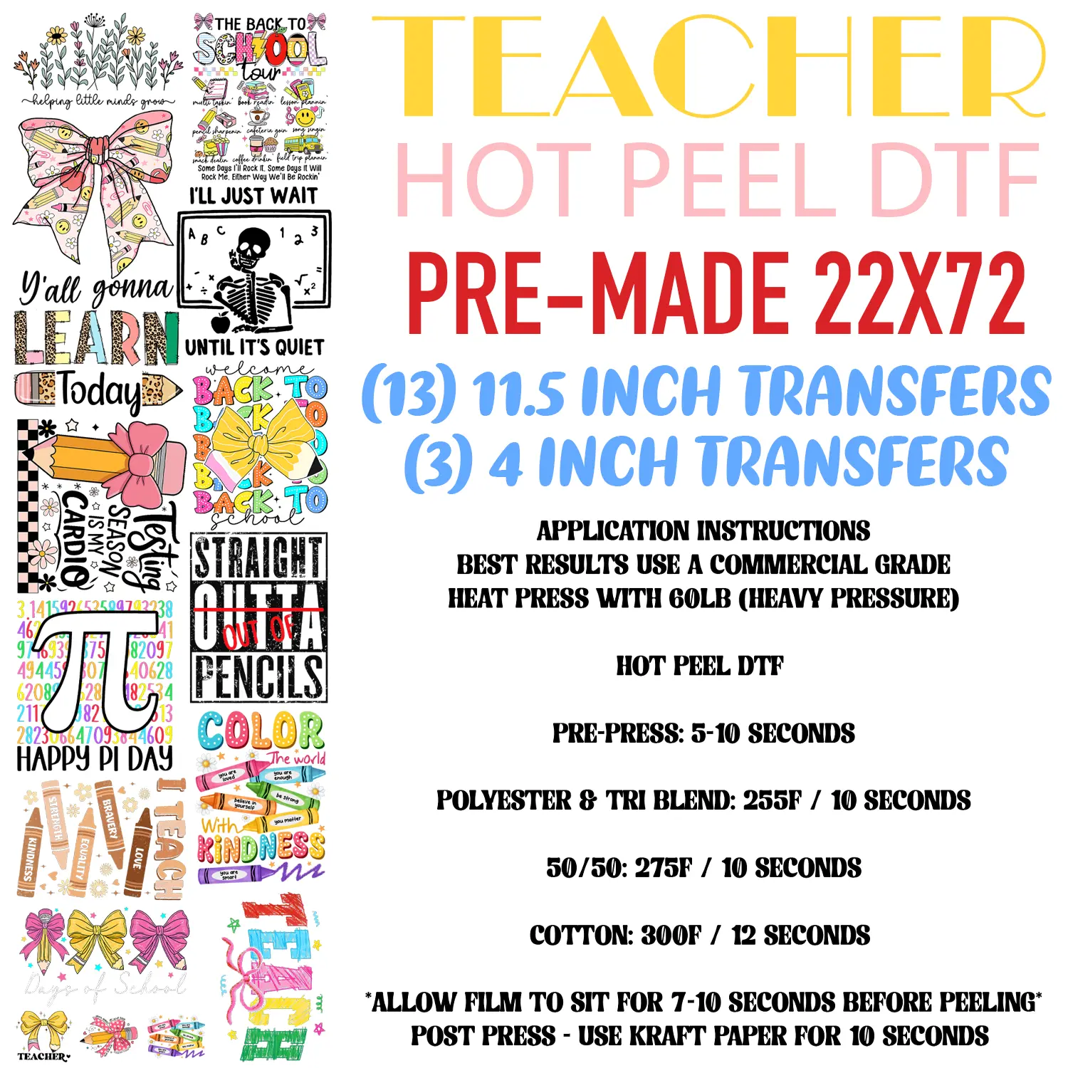 Teacher Vibes Pre-Made 22"x72" DTF Hot Peel Gang Sheet
