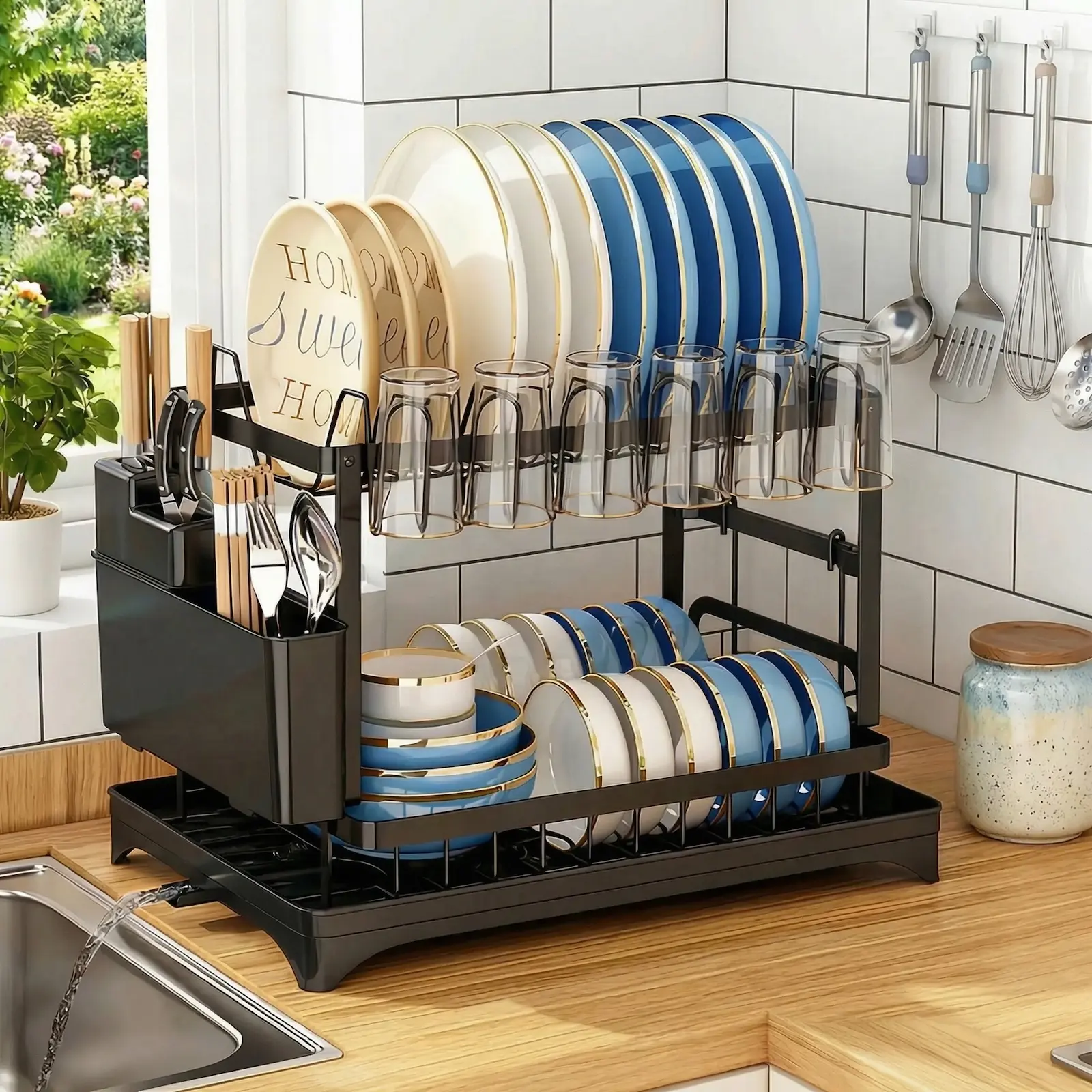 2-Tier Carbon Steel Metal Freestanding Dish Drying Bowl Rack with Drainboard, Cutlery Holder, Utensil & Cup Holders, Rustproof Kitchen Accessory for Countertop Sink, House Organizer & Cleaning Drying Utility Rack, Kitchen Accessories