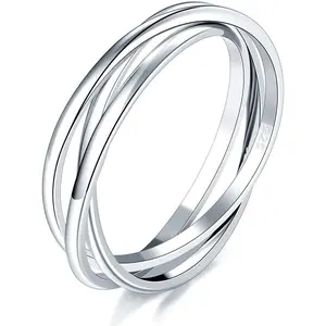 Silver Ring, 14K Gold Plated Waterproof Fidget Anxiety Ring, Triple Row Rolling Interlocking Stacking High Polish Band for Women, Men| Each Band Width 1.8mm 3mm Size 4-12