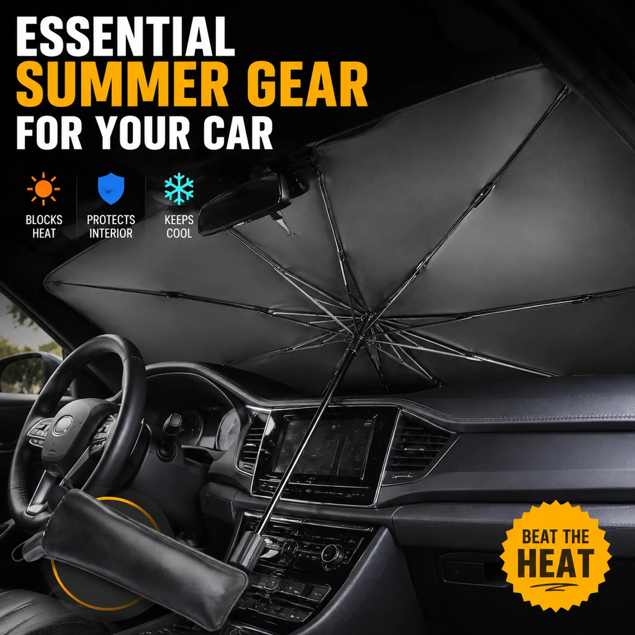 [FS]Collapsible Automotive Front Windshield Sun Barrier, Lightweight Portable Sun Shade Frame with Foldable Structure, Heat Insulating Windshield Visor Cover, Summer UV Protection Auto Interior Accessory