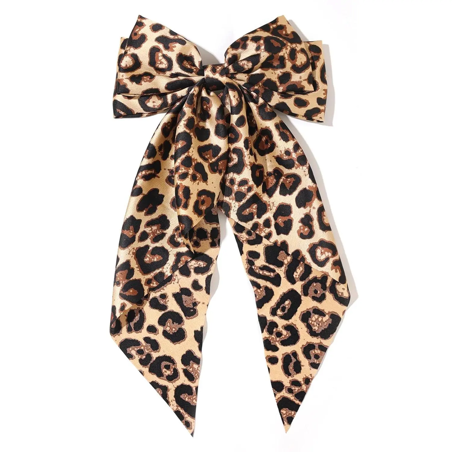 Hair Bows for Women Big Bow Hair Clips with Long Tail Hair Ribbon Satin Leopard Hair Bow Barrette for Women and Girls Ponytail Hair Accessories, Pack of 1 (Camel)