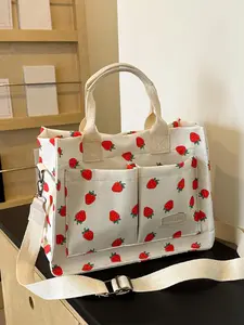 Women's Cute Strawberry Pattern Tote Bag, Fashionable Large Capacity Crossbody Bag for Daily & Work Use, Casual Versatile Commuting Handbag for Women & Girls, Trail Sport Bag