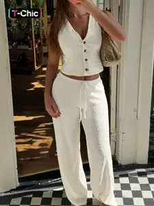 Women's V Neck Sleeveless Vest Top & Wide Leg Pants Bottoms Matching Set, Minimalist Basic Casual High Waist, Perfect for Everyday Wear, Stylish Two-Piece Ensemble Outfit Womenswear