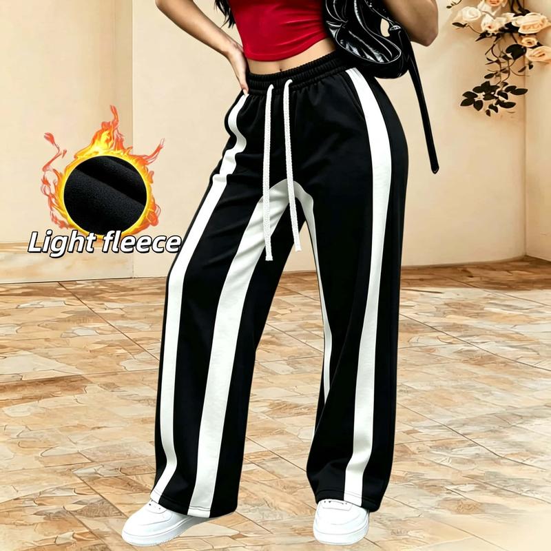 Women's High-Waist Full-Length Vertical White Stripe Wide-Leg Track Pants - Elastic Drawstring, Lightweight Breathable Loose-Fit Joggers for Daily Workout, Streetwear (Sports & Outdoor Clothing)