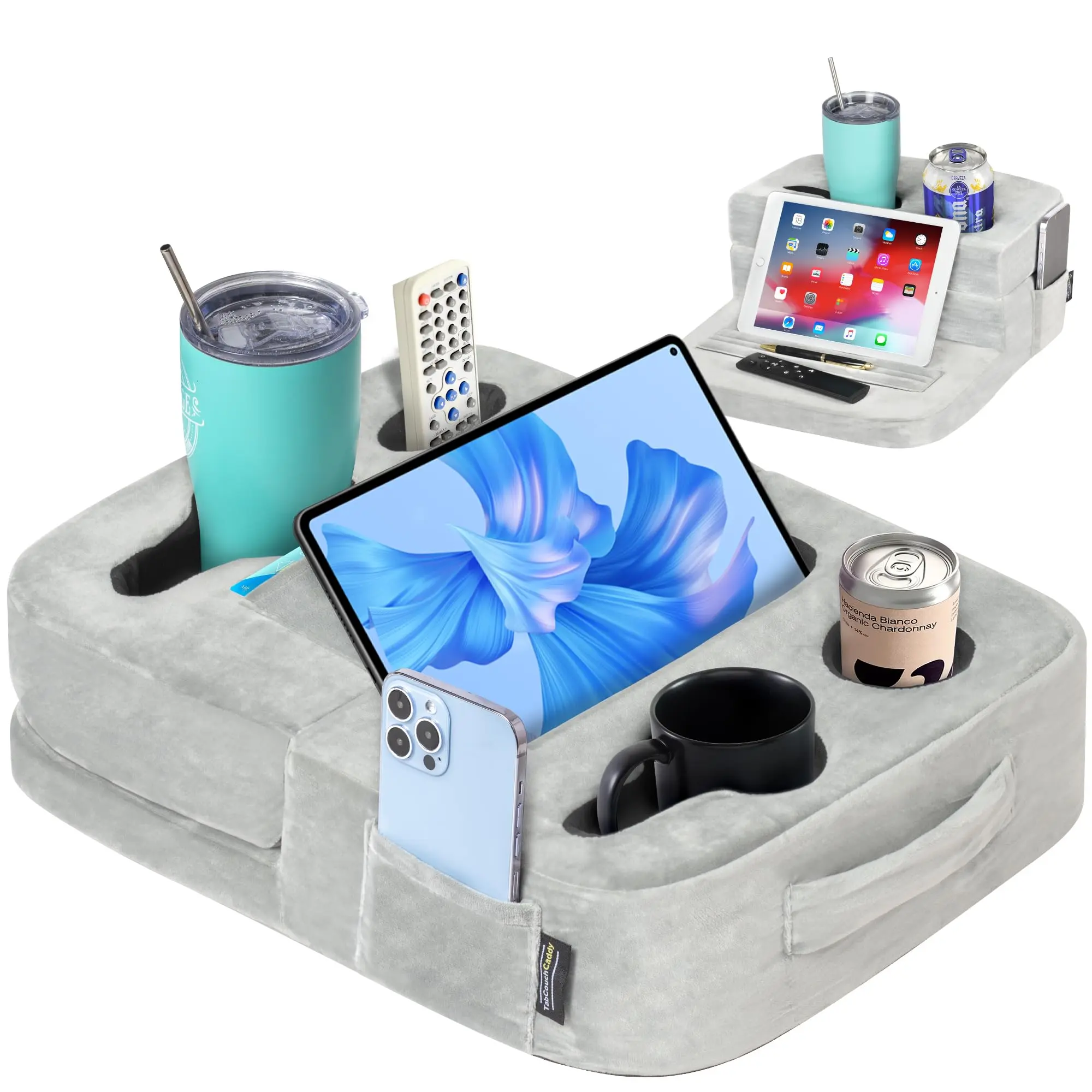 Couch & Bed Cup Holder Caddy – Sofa Tray for Drinks, Snacks & Remotes | Fits bed, couch & RV | Holds drinks, snacks, remotes, phones & tablet | Sturdy on flat surfaces | 10-sec setup, no tools