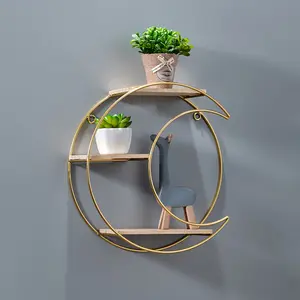 CNCEST Golden Wall Shelf with 3 Tiers Modern Round & Moon Design Storage Rack for Books Decor 11lbs Capacity Iron and Pine Wood Floating Shelves Easy Installation Space-Saving