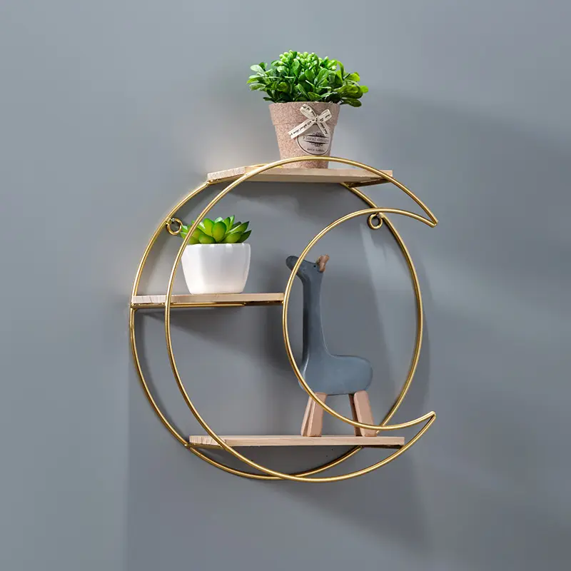 CNCEST 3-Tier Golden Metal-Pine Wooden Floating Shelves - Modern Round & Moon Design Storage Rack, 11 lbs Max Capacity Space-Saving Home Decor Items for Living Room Wall with Easy Installation