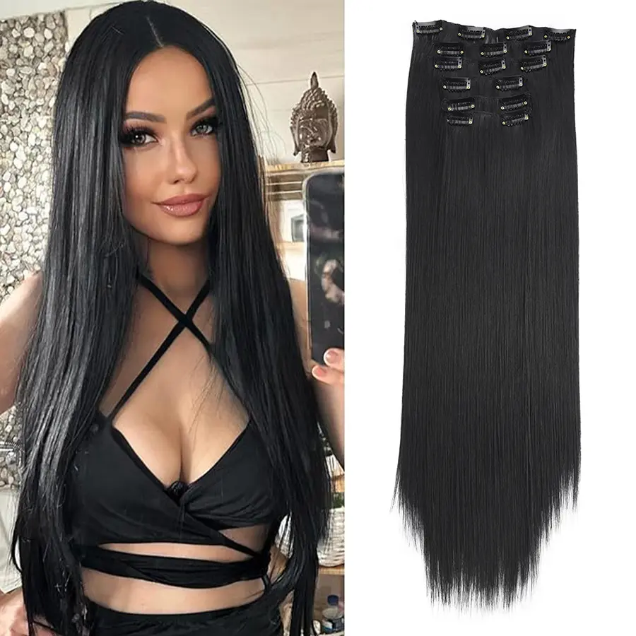 24 Inch 6 PCS Fancy Long Straight Synthetic Hair Extensions, Fluffy & Soft Clip-In Hairpieces for Stunning Volume and Length, Perfect for Any Event, Quick and Easy Application, Designed for Beginners to Elevate Their Look Effortlessly