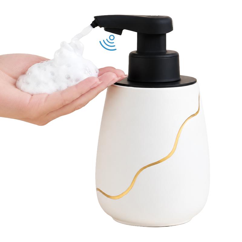 BosilunLife Compact Ceramic Touchless Induction Foam Hand Soap Dispenser, Smart Electric Waterproof USB-C Rechargeable Auto-Operated 17oz/500ml for Bathroom Use