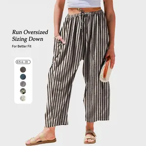 Women’s linen-blend wide-leg pants with casual camouflage stripes and comfortable work bottoms, oversized and loose Bohemian harem pants with pockets GARMENTARY
