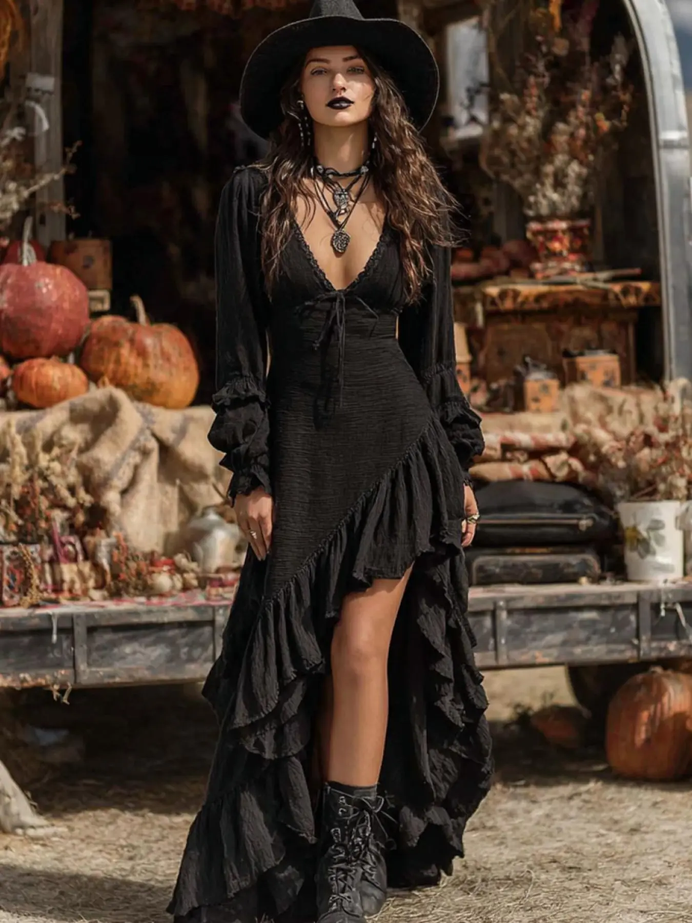 Women's Halloween Gothic Party Ruffle Mystery Witch Dress, Boho Style, Bohemian, Aesthetic, Ethnic Pattern, Short Slim-Fitting, Long Sleeve, Womenswear