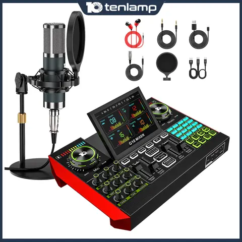 Tenlamp G10 P15 Microphone Audio Mixer Kit Media Singing Gaming DJ Mixing Console Control Device Smartphone Recording Electronic Music Mixer Vocoder Device Wired Microphone Plug and Play Podcast Studio Kit Portable Live Sound Card Kit