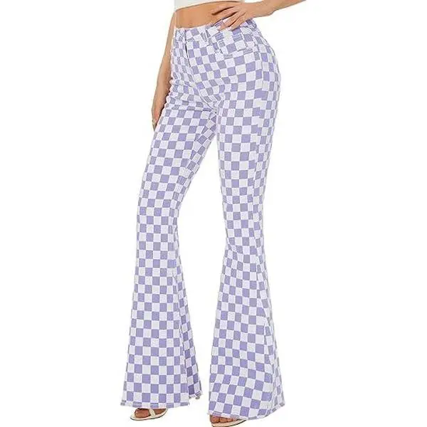 ODEFOU Women's Clothes, Retro Fashion Flare Pants, Purple Checkered Thick Stretch Fabric with Butt-Lifting Fit, Vintage Style, Breathable, Comfortable, Party, Leg, Pockets, Fitted, Zipper, Jeans, Bottoms, Plaid, Trouser, Stretchy, Denim