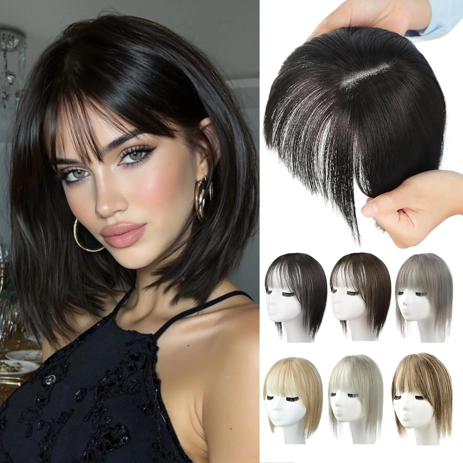 Clip-In Hair Topper for Women, 12-Inch Fluffy Synthetic Piece with Bangs, Breathable Silk Base for Thinning Hair & Grey Coverage, Clip In Synthetic Extensions & Pieces, Hideable Bangs Synthetic Extensions & Pieces