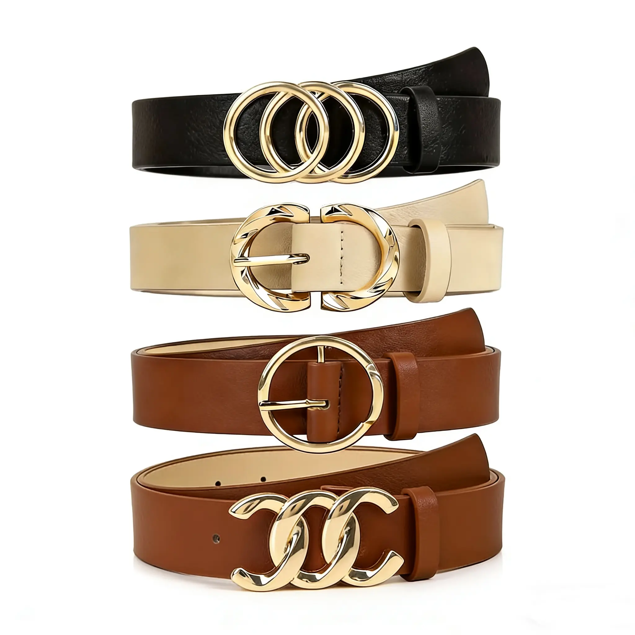 SHIFFRINKEN Women's 4-Pack PU Belts with Gilt 1-Ring & Multi-Ring Buckles, Minimalist Solid Waistband for Dresses and Jeans Throughout the Year, Leather Belts, Belts Set