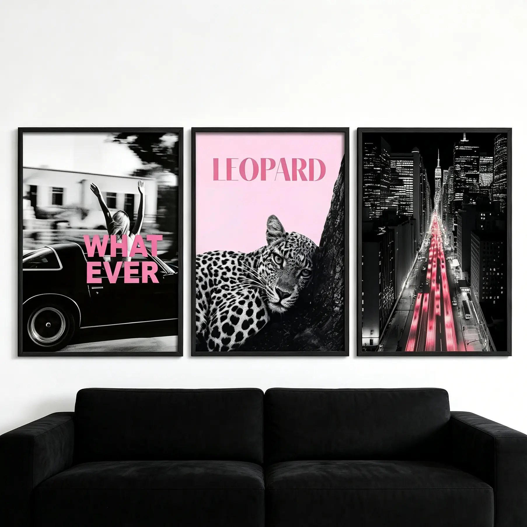 3-Piece Framed Pink Leopard Canvas Wall Art Set - Vintage Car & Neon City Skyline Posters, Aesthetic Girly Decor for Women's Bedrooms & Dorms, Bedroom Pictures Wall Decor, Living Room Decorations, College Dorm Decor