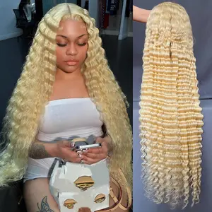 613 Lace Front Wig Human Hair Blonde Deep Wave 13x6 HD Lace Frontal Wigs 180% Density Long Curly Water Wave Wig 613 Color Pre Plucked Can Be Dyed & Restyle