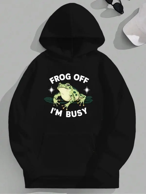 Frog Print Unisex Hoodie, Thermal Lined Casual Pullover with Pocket, Cozy Fall and Winter Streetwear Top for Daily Outdoor Wear, Made in USA. LKD